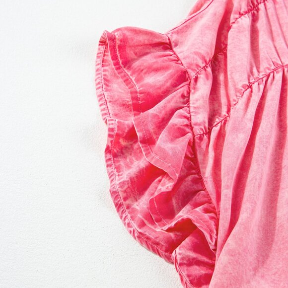 B260 Pink Ruffled Short Sleeve Buttoned Denim Mini Dress - Picture 7 of 10